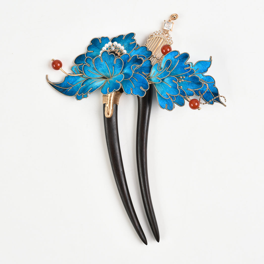 Blue Peony Velvet Hairpin Set